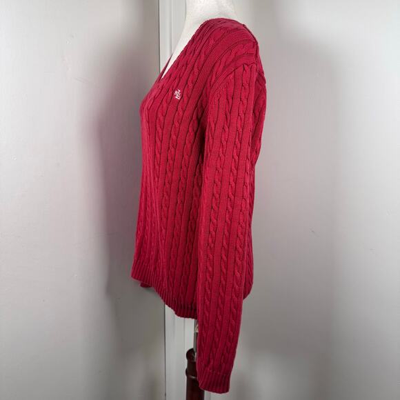 Lauren Ralph Lauren Women's Sweater XL Red Cable Knit Cotton V Neck Preppy Sport - Picture 4 of 8